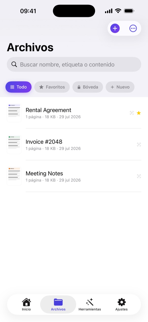 Biblioteca de documentos con búsqueda y caja fuerte Face ID