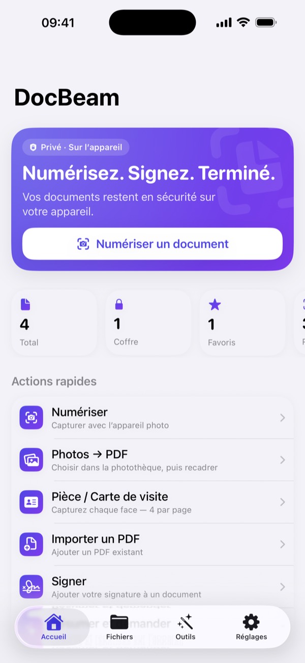 Écran d'accueil avec numérisation, photo vers PDF et pièce d'identité