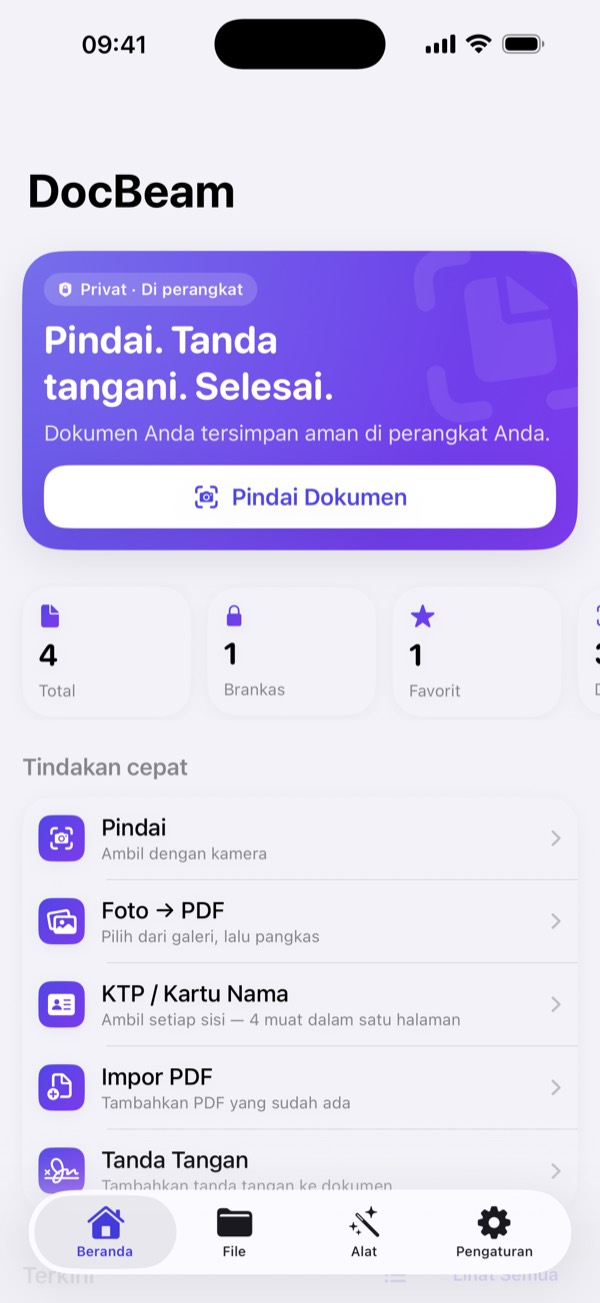 Layar beranda dengan pindai, foto ke PDF, dan kartu identitas