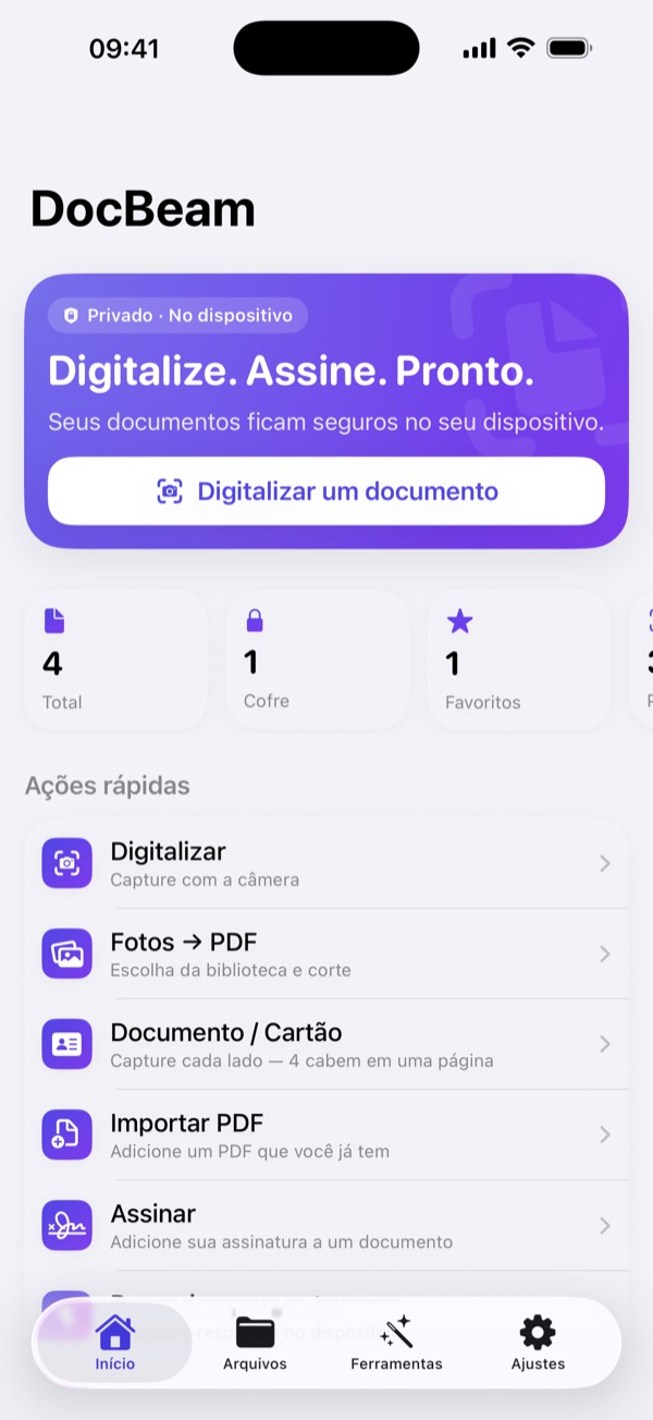 Tela inicial com digitalização, foto para PDF e documento de identidade