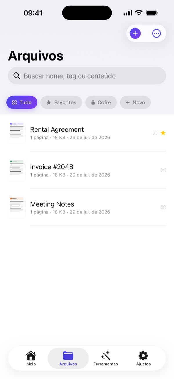 Biblioteca de documentos com busca e cofre Face ID
