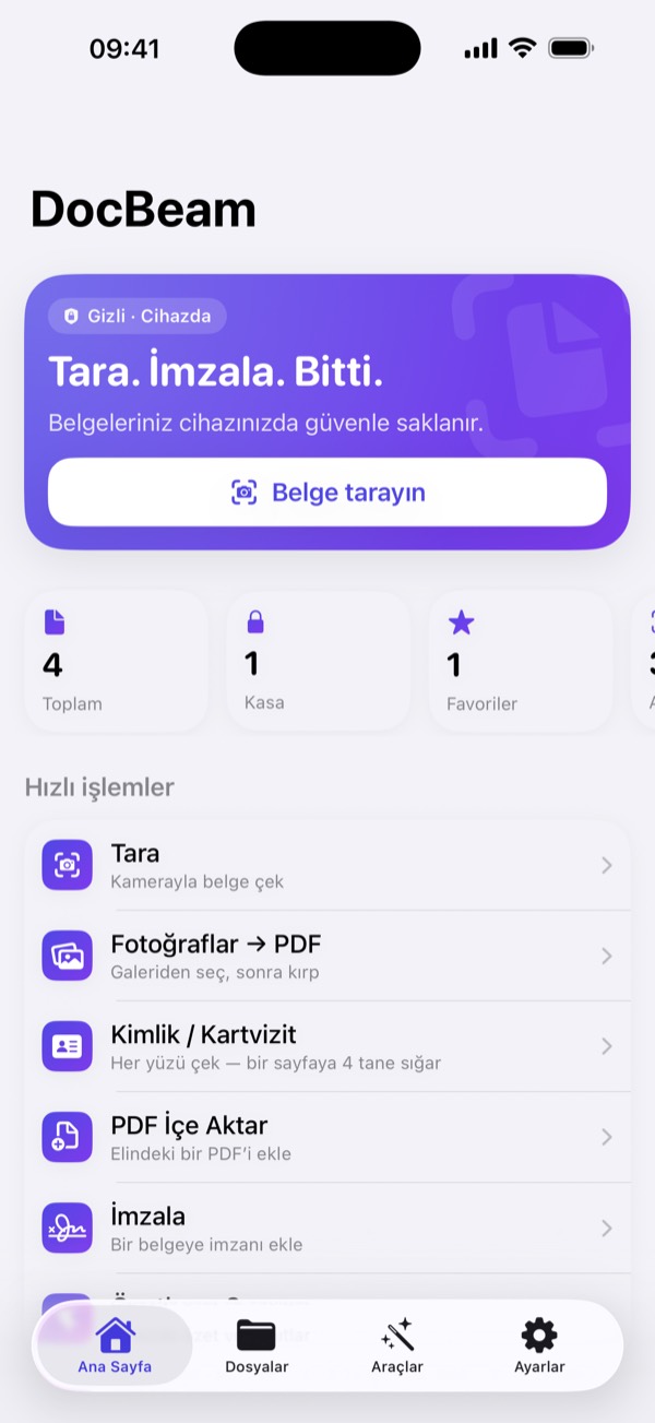 Tarama, fotoğraftan PDF ve kimlik kartı işlemleriyle ana ekran